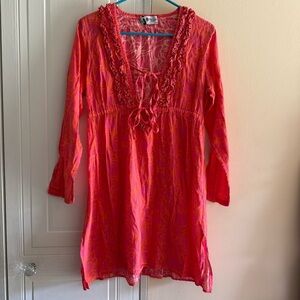 Mud Pie Bag Lady V-Neck Long Sleeve‎ Coral Women’s Swim Coverup Small 100% Linen